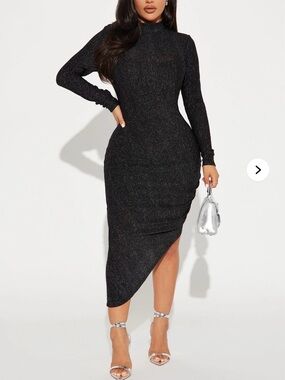 NWOT 🖤 Fashion Nova Black Sparkle Long-Sleeve Asymmetric Midi Dress